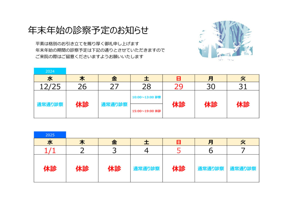 2024-2025年末年始の診察予定